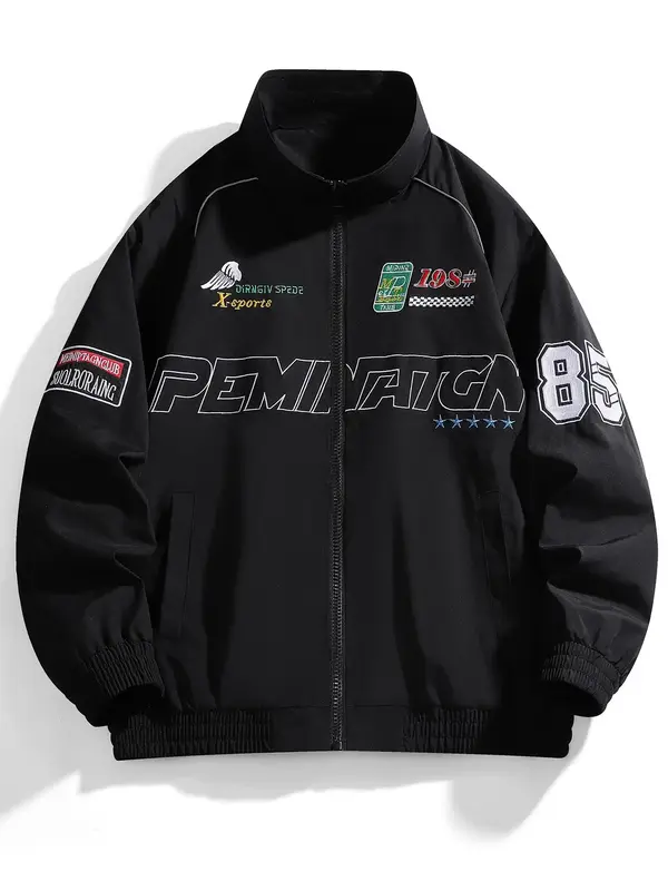 Men's Letter & Figure Embroidered Zip Up Jacket, Regular Fit Casual Pocket Funnel Neck Outerwear for Spring & Fall, Fashion M...