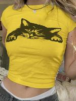 Women's Cat Print Round Neck Tee, Casual Slim-fitting Short Sleeve T-shirt for Daily Wear, Ladies Clothes for All Seasons, Wo...