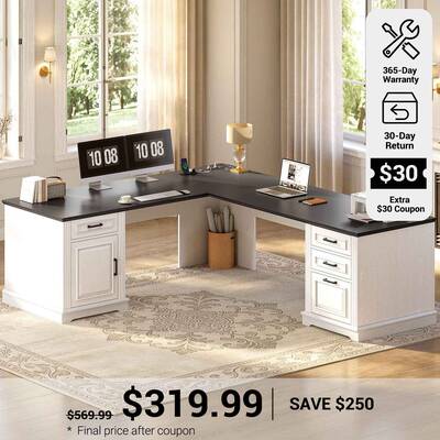 SEDETA ® 69 Inch Farmhouse Executive L Shaped Desk Corner Computer Desk with Drawers and Storage Cabinet Power Outlet White ...