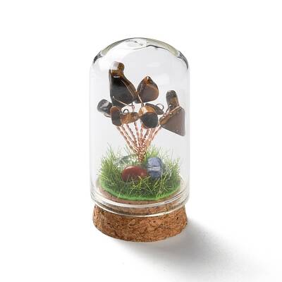 Natural Tiger Eye Chips Money Tree in Dome Glass Bell Jars with Wood Base Display Decorations