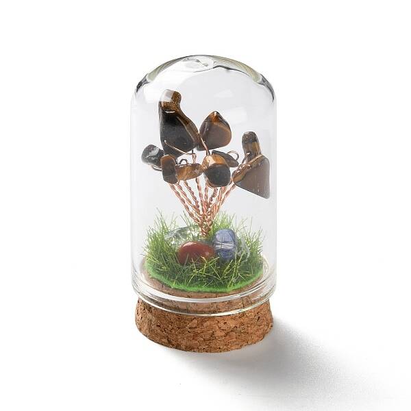 Natural Tiger Eye Chips Money Tree in Dome Glass Bell Jars with Wood Base Display Decorations
