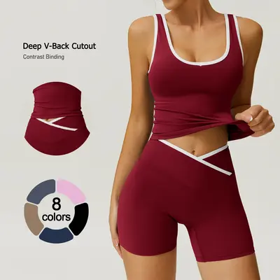 TIMEOFF Color-Blocked Halter Crop Tube Top & Mid-Rise Shorts Set , Yoga, Gym & Back-to-Schoo, Activewear , Stretch Fabric, Su...