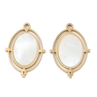 304 Stainless Steel Pave Natural White Shell Oval Pendants