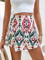 Women's Ethnic Pattern Button Split Thigh Wrap Skorts, Boho Casual Fit Shorts for Everyday Beach Vacation Holiday, Ladies Sum...