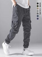 Men's Loose Solid Pocket Drawstring Waist Cargo Pants, Athletic Street Fashion Zipper Jogger Pants for Daily Wear, Casual Men...