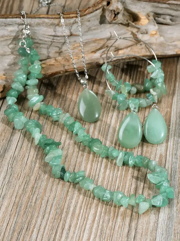 Green Aventurine Stone Jewelry Set, Including Necklace & Earrings, Fashion Jewelry for Party, Daily Clothing Decor, Trendy Al...