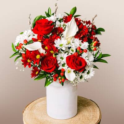 Bouquet of Red Roses and Lilies