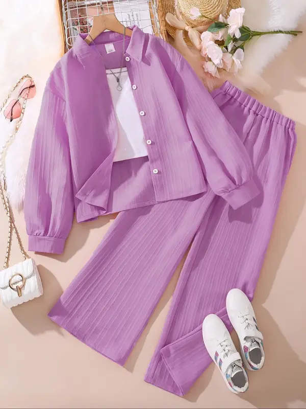 Two-piece Set Girl's Solid Textured Button Front Shirt & Elastic Waist Pants Set, Casual Long Sleeve Collared Top & Trousers ...