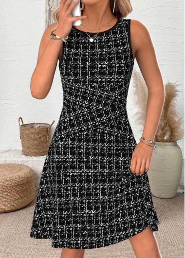 Modlily Black Plaid Sleeveless Round Neck Dress - S