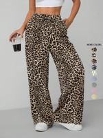 Women's Striped / Leopard Print Tie Front Pocket Wide Leg Pants, Loose Fit Casual Comfy Straight Leg Trousers for Daily Wear,...