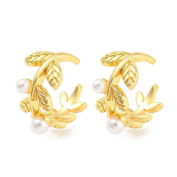 Rack Plating Brass Leaf Cuff Earrings with Plastic Pearl
