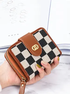 Fashionable Checked Pattern Zipper Wallet, Casual Multi Card Slot Multi-functional Wallet, Vintage Wallet for Daily Use