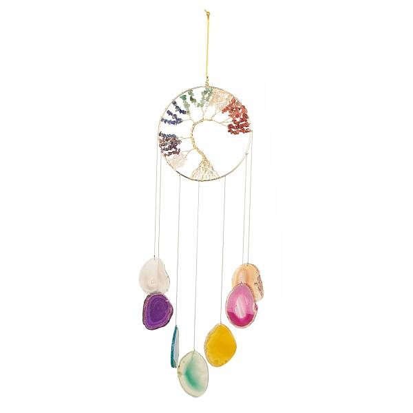Chakra Flat Round with Tree of Life Wire Wrapped Wind Chimes