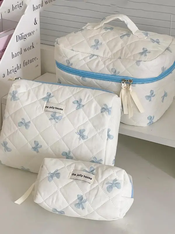 Bow Print Makeup Bag Set, Travel Cosmetic Storage Bag, Zipper Makeup Organizer Pouch, Versatile Storage Everyday Bags Great f...