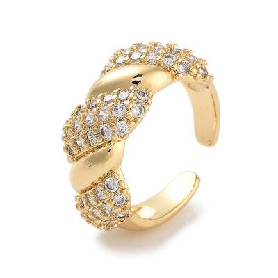 Twist Brass Micro Pave Clear Cubic Zirconia Open Cuff Ring for Women