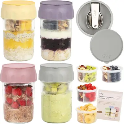 Soligt Overnight Oats Containers with Lids, Folding Spoons, and Divided Compartments for Fruit & Nuts, Small Glass 16oz Mason...