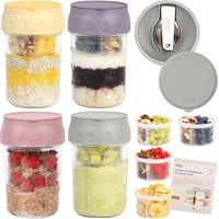 Soligt Overnight Oats Containers with Lids, Folding Spoons, and Divided Compartments for Fruit & Nuts, Small Glass 16oz Mason...