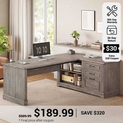 SEDETA 61 Inch Farmhouse Executive L Shaped Desk with File Drawers Power Outlets Storage Shelves for Home Office Grey Home Of...