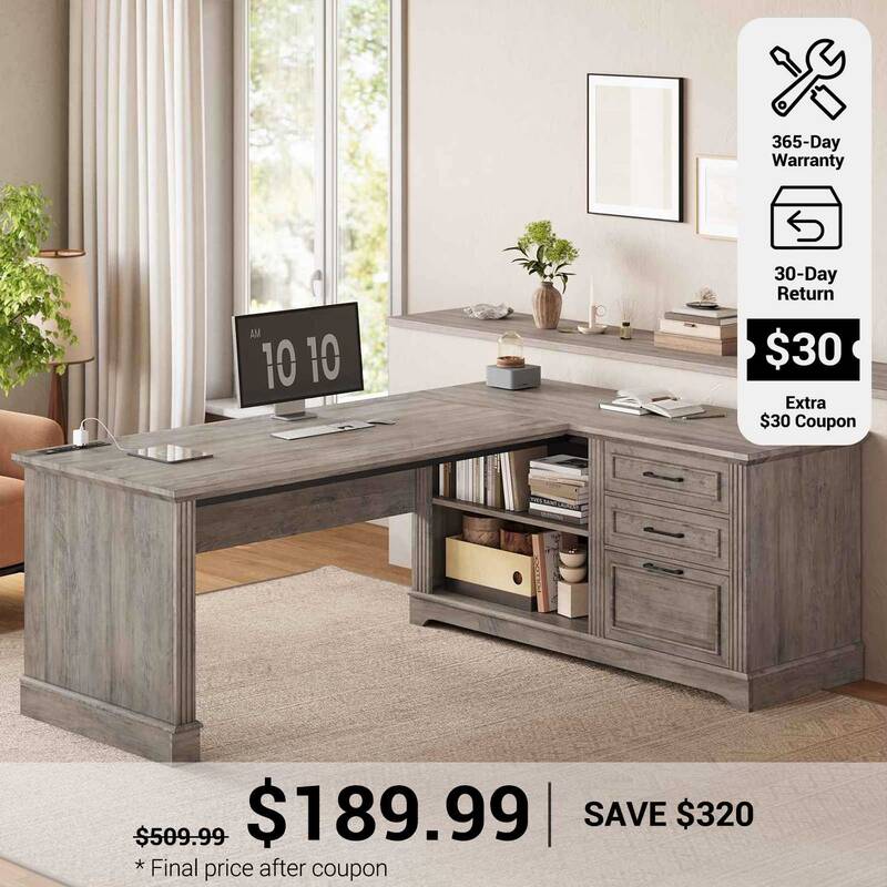 SEDETA 61 Inch Farmhouse Executive L Shaped Desk with File Drawers Power Outlets Storage Shelves for Home Office Grey Home Of...
