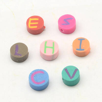 Handmade Polymer Clay Flat Round with Capital Letter Beads