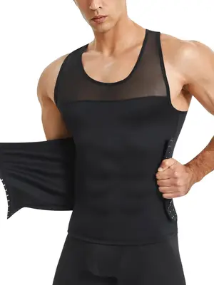 Men's Plain Contrast Mesh Compression Shapewear Tank Top, Adjustable Tummy Control Compression Top, High Stretch Underwear Sh...