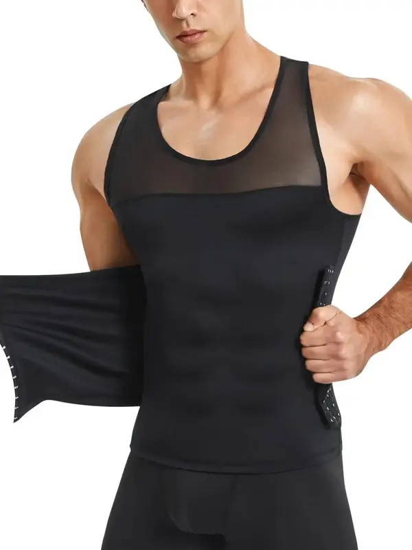 Men's Plain Contrast Mesh Compression Shapewear Tank Top, Adjustable Tummy Control Compression Top, High Stretch Underwear Sh...