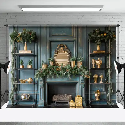 Aperturee Green Cozy Fireplace Christmas Photography Backdrop | Christmas Photo Backdrop | Diy Christmas Backdrop | Winter Wo...