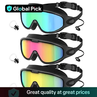3-Pack Swim Goggles with Nose Clip for Adults and Teens, Leak-Proof Design for Full Protection, Comfortable and Stylish for P...
