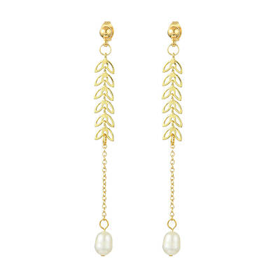 Natural Cultured Freshwater Pearl Beads & Brass Dangle Stud Earrings for Women