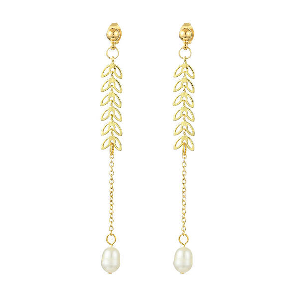 Natural Cultured Freshwater Pearl Beads & Brass Dangle Stud Earrings for Women