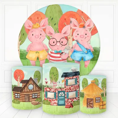 Aperturee Cartoom Thress Pigs With Houses Round Backdrop Kit | Circle Background For Party | Round Backdrop Stand Covers | Ba...