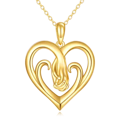 10K Gold Interlocking Hearts & Hold Hands Pendant Necklace For Mother
