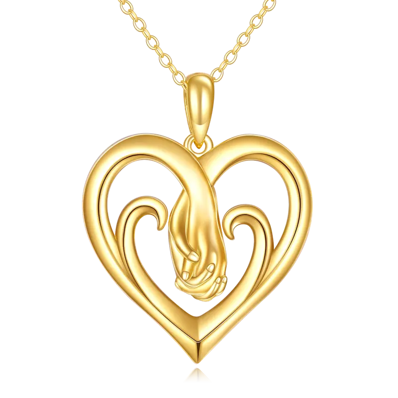10K Gold Interlocking Hearts & Hold Hands Pendant Necklace For Mother