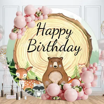 Aperturee Jungle Animals And Log Wood Round Birthday Backdrop