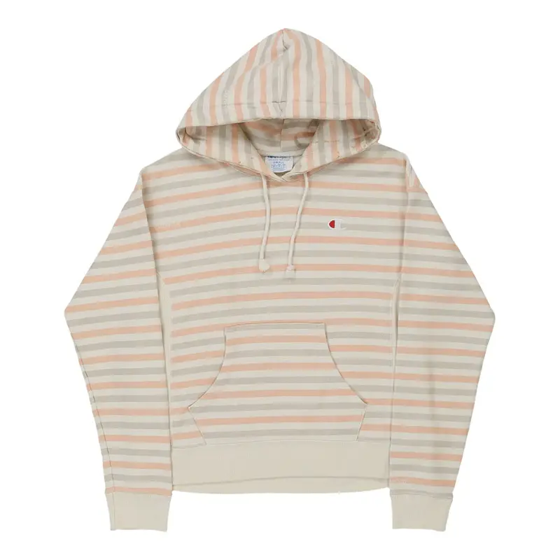 Reverse Weave Champion Striped Hoodie - Small Cream Cotton Blend