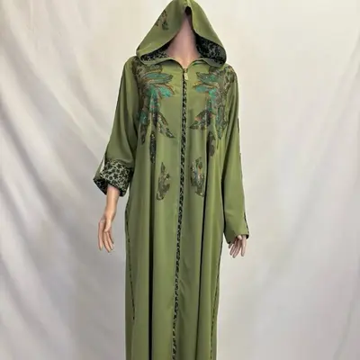 Lime Green Abaya with Adjustable Sleeves & Hood Rhinestone Leaf Design Pockets Fashionable Women's Wear