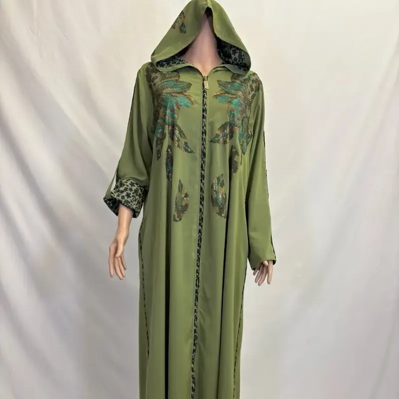 Lime Green Abaya with Adjustable Sleeves & Hood Rhinestone Leaf Design Pockets Fashionable Women's Wear