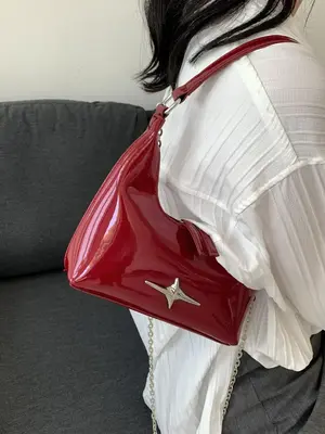 Women's Fashionable Solid Color Shoulder Bag, Simple Plain Star Decorated Buckle Chain Decor Underarm Bag, Trendy Hobo Dumpli...
