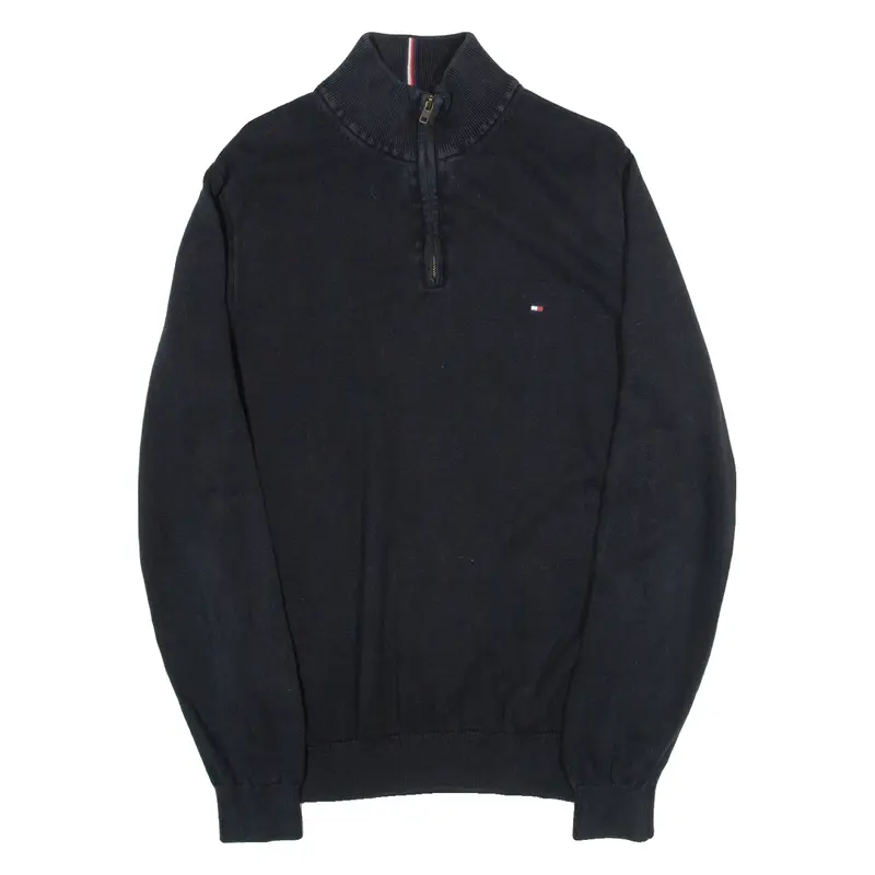 TOMMY HILFIGER Mens Jumper Black 1/4 Zip Tight Knit L