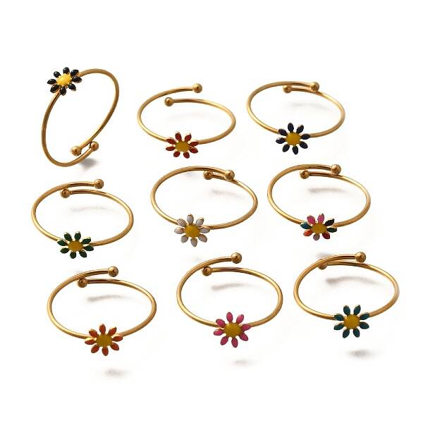 Daisy 304 Stainless Steel Enamel Open Cuff Rings for Women