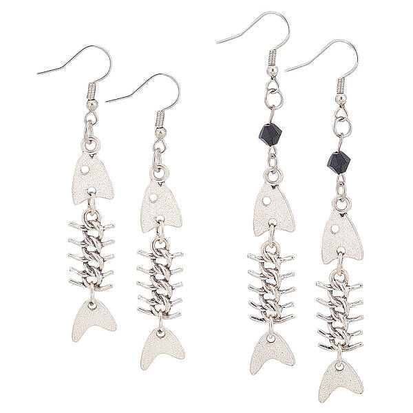 2 Pairs 2 Style Alloy Fishbone Long Dangle Eararings for Women