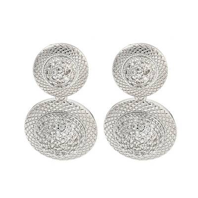 Flat Round Brass Pave Clear Cubic Zirconia Dangle Stud Earrings