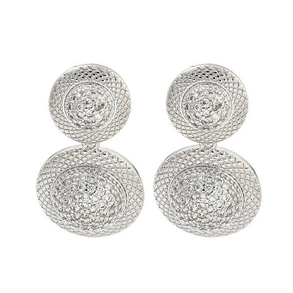 Flat Round Brass Pave Clear Cubic Zirconia Dangle Stud Earrings