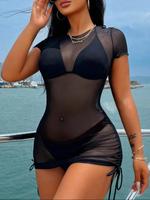 Three-Piece Set Women's Solid Sheer Drawstring Cover Up Dress & Bikini Set, Round Neck Cover Up Dress & Swimsuit Set, Ladies ...