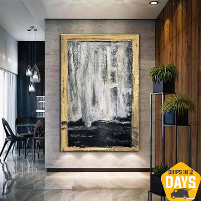 Large Abstract Gold Leaf Art Gray Paintings On Canvas Golden Contour Painting Rich Textured Artwork | ANCIENT CLARITY 54"...