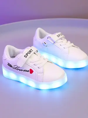 Boy's USB Charging Led Light Shoes, Letter & Heart Pattern Sneakers, Glow-in-the-dark White Skate Shoes, Fashionable Lace-up ...