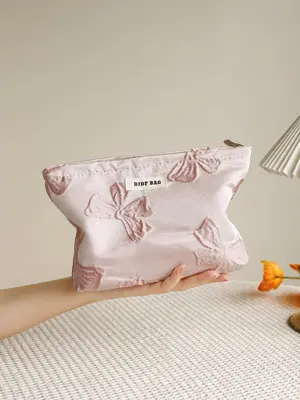 Solid Color Bow Decor Makeup Bag, Large Capacity Cosmetic Storage Bag, Zipper Makeup Organizer Pouch, Trendy Versatile Daily ...