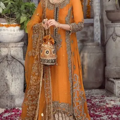 Womenswear 3 pc Ready to Wear Sharara with Orange Color and Embellished Design Clothes Costumes