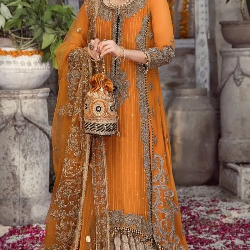 Womenswear 3 pc Ready to Wear Sharara with Orange Color and Embellished Design Clothes Costumes