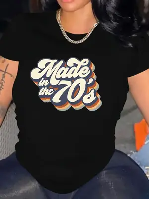 Women's Letter Print Short Sleeve Crewneck T-shirt, Vintage Graphic Tees, Summer Streetwear Fitted Tshirt for Women, Back To ...